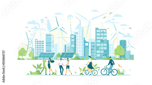 flat vector illustration of people in the city with wind turbines and solar panels