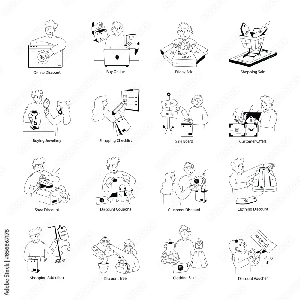 Set of Black Friday Discounts Hand Drawn Mini Illustrations
Set of Black Friday Discounts Hand Drawn Mini Illustrations