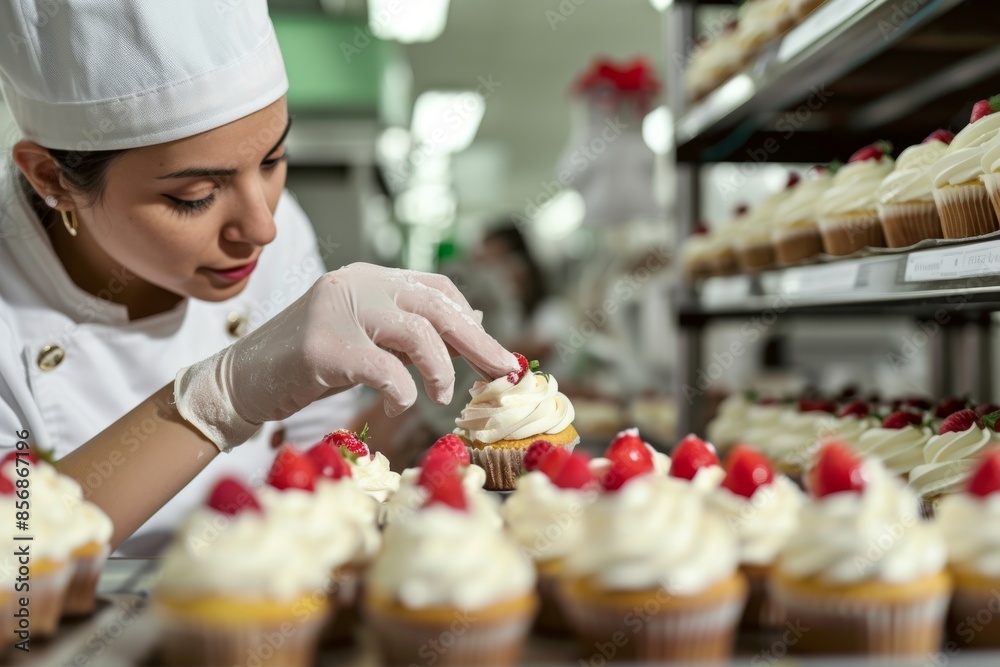 Hispanic American Female Baker Decorating Vegan Cupcakes Hispanic American Female Baker Decorating Vegan Cupcakes