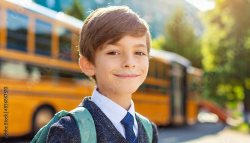 boy schoolboy close up on blurred background of school bus. back to school September, knowledge day, junior high school, class, schoolchildren, students photo