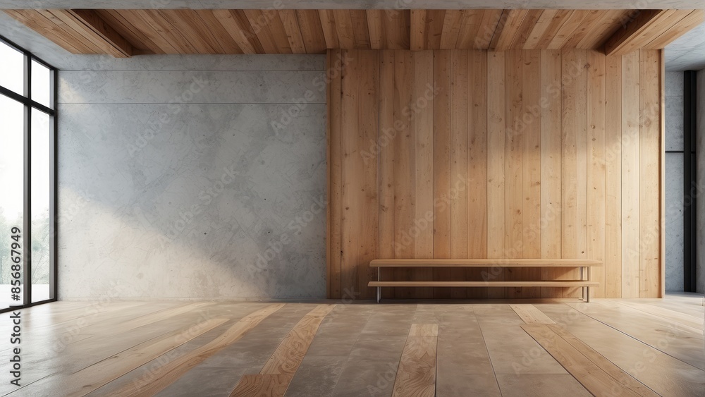 contemporary loft empty room with wooden ceiling and blank concrete wall for copy space mock up, hardwood floor
