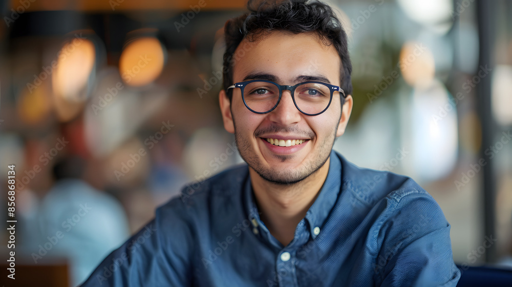 Close-up portrait of a young smiling man in glasses and a blue shirt sitting and working in the office and looking confidently at the camera Close-up portrait of a young smiling man in glasses and a blue shirt sitting and working in the office and looking confidently at the camera