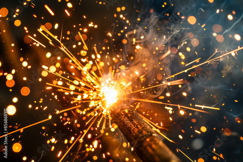 Close-up of bright, glowing sparks from welding, dispersed in dark space