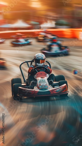 A racer navigates a go kart around a track