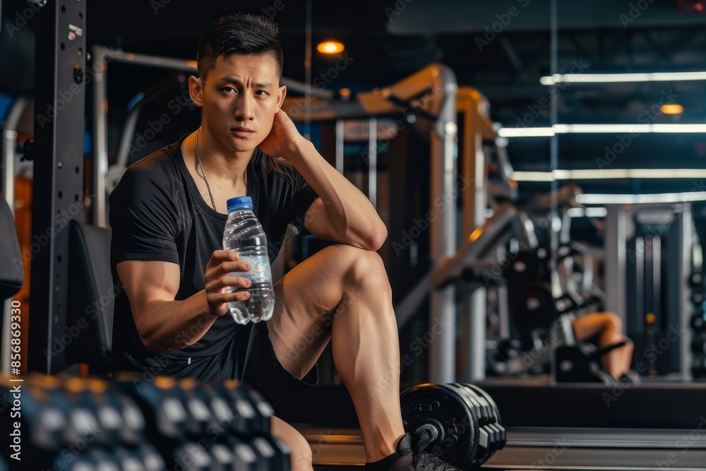 Fit man taking a water break in gym One Chinese man, sitting alone in dark gym, taking a water break Fit man taking a water break in gym One Chinese man, sitting alone in dark gym, taking a water break
