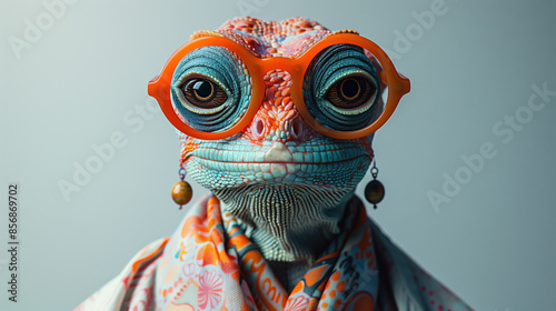 Bearded dragon lizard dressed as a human, anthropomorphism in reptile wearing glasses and earrings