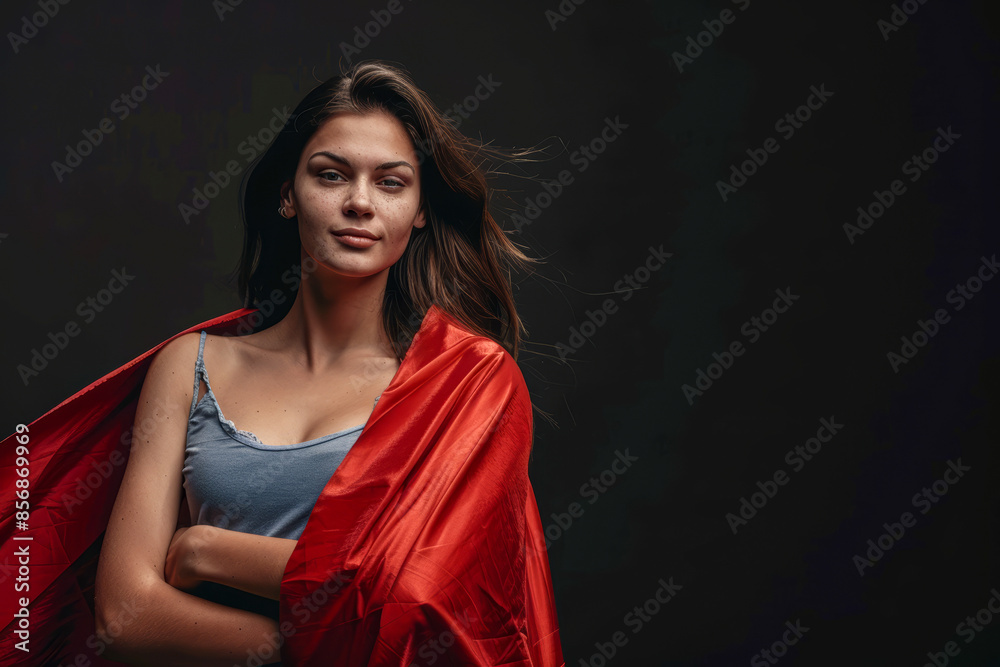 Confident woman wearing superhero cape Confident woman wearing superhero cape