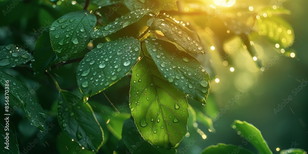 Dew-Kissed Leaves in Morning Sunlight: Nature's Serenity and Lush Greenery Captured in Dewy Freshness Dew-Kissed Leaves in Morning Sunlight: Nature's Serenity and Lush Greenery Captured in Dewy Freshness