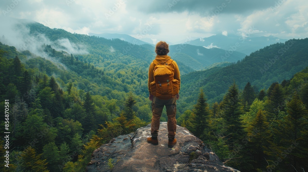 Backpacker Admiring Mountain View.