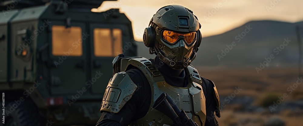 Naklejka premium cyborg soldier fighting in a warzone movie story seen trail cam footage, rear view, wide angle shot, a striking contrast against the soft, blurred background, with a digital interface overlaid