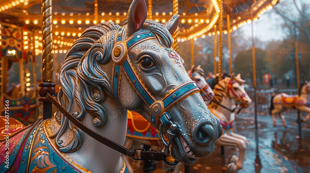 Fototapeta premium Detailed close-up of a carousel horse's head with ornate decorations and vivid colors
