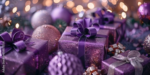Sparkling Purple Gifts and Baubles Under Festive Lights photo