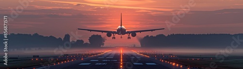 Silhouetted Airplane on Final Approach during Sunrise Landing