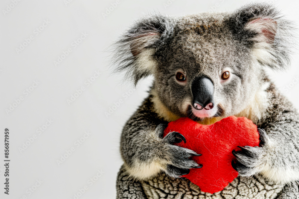 Cute koala holding a stuffed red heart shape