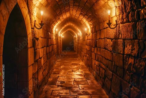 Dark dungeon long medieval castle corridor