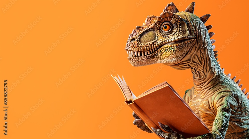 Naklejka premium A dinosaur toy is reading a book against an orange background.