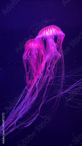 Two pink jellyfish gracefully swim in a vibrant blue aquatic setting, showcasing their delicate movement