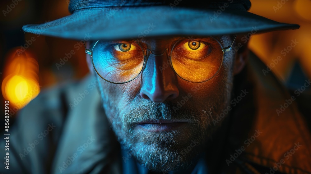 A mysterious individual wearing a blue hat is captured in a night scene with warm background lighting
