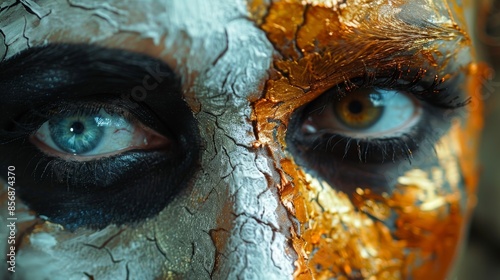 Intense close-up showing eyes with striking artistic makeup, contrasting textures and metallic colors photo