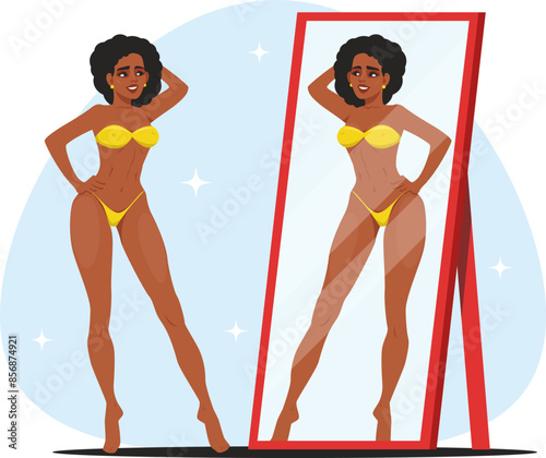 African-American girl in a bikini standing in front of a mirror.