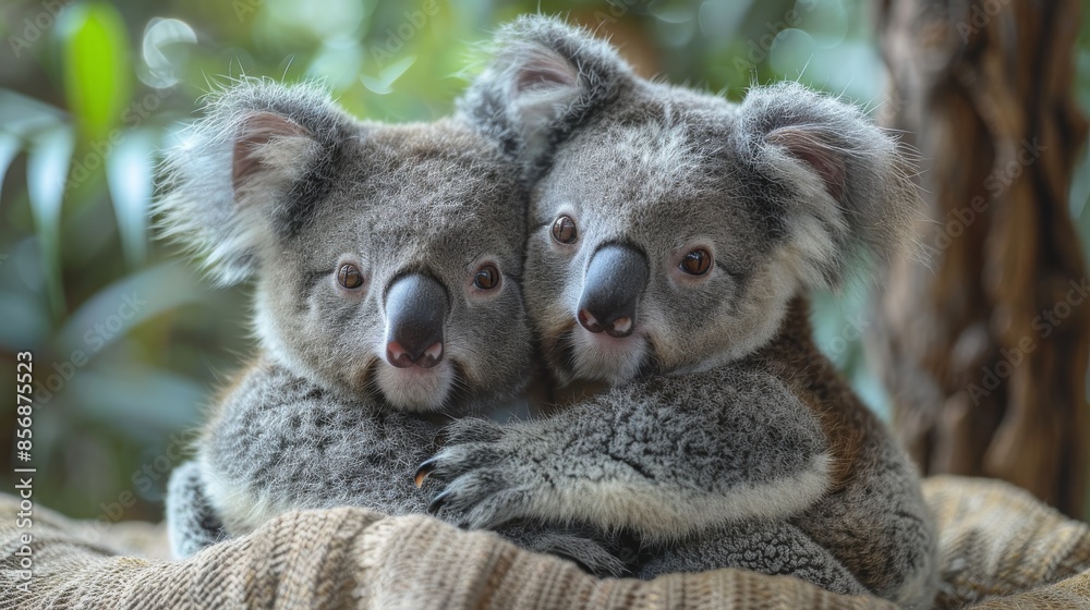 Obraz premium Two koalas embrace each other on a woven blanket, showcasing their affection and endearing faces
