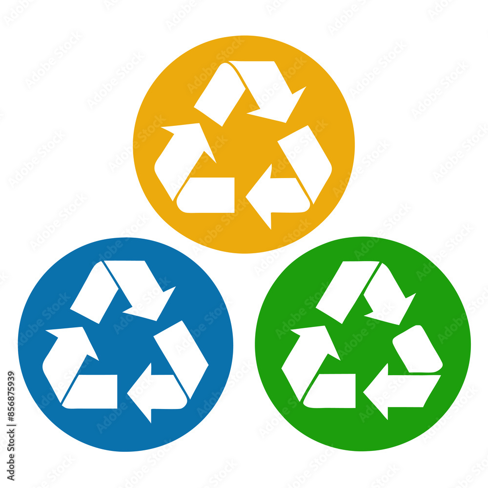 Obraz premium Three green, blue, and yellow recycling symbols on a white backdrop