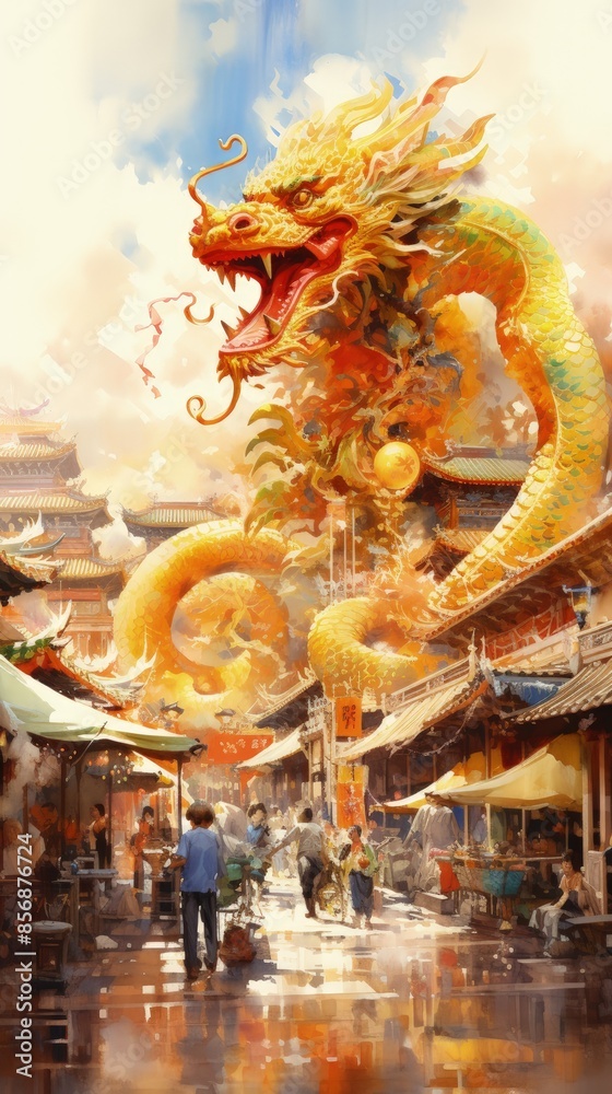 A painting of a dragon with a man walking in front of it. The dragon is yellow and has red eyes. The painting has a mood of excitement and adventure