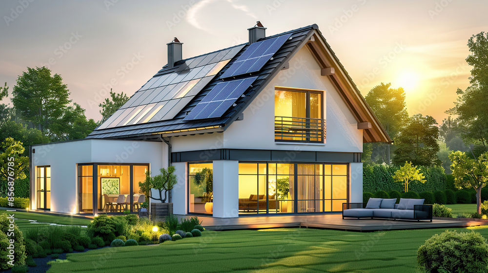 Modern house with solar panels on the roof and a green garden at sunset Modern house with solar panels on the roof and a green garden at sunset
