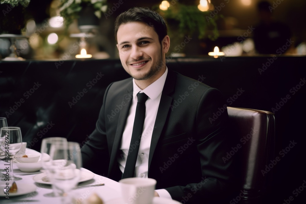 smiling businessman sitting at table in restaurant smiling businessman sitting at table in restaurant