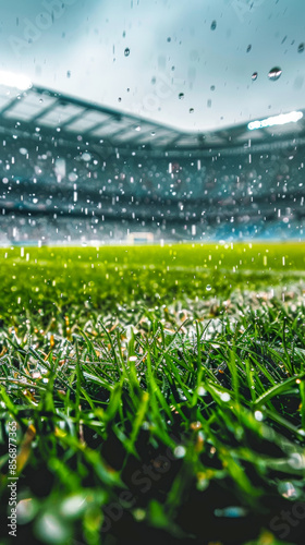 Green grass bottom view of a football stadium in the rain