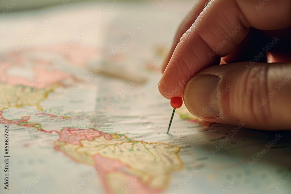 Travel planing Man pins a new destination on a world map, for his next trip Travel planing Man pins a new destination on a world map, for his next trip