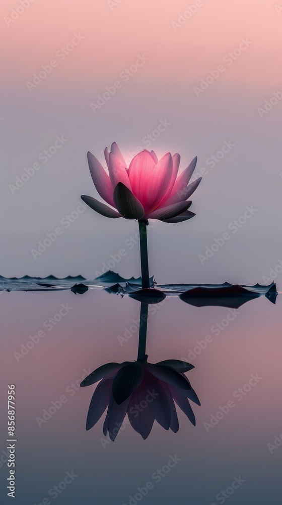 Solitary pink lotus flower with reflection on calm water during twilight, peaceful and serene atmosphere concept. Solitary pink lotus flower with reflection on calm water during twilight, peaceful and serene atmosphere concept.