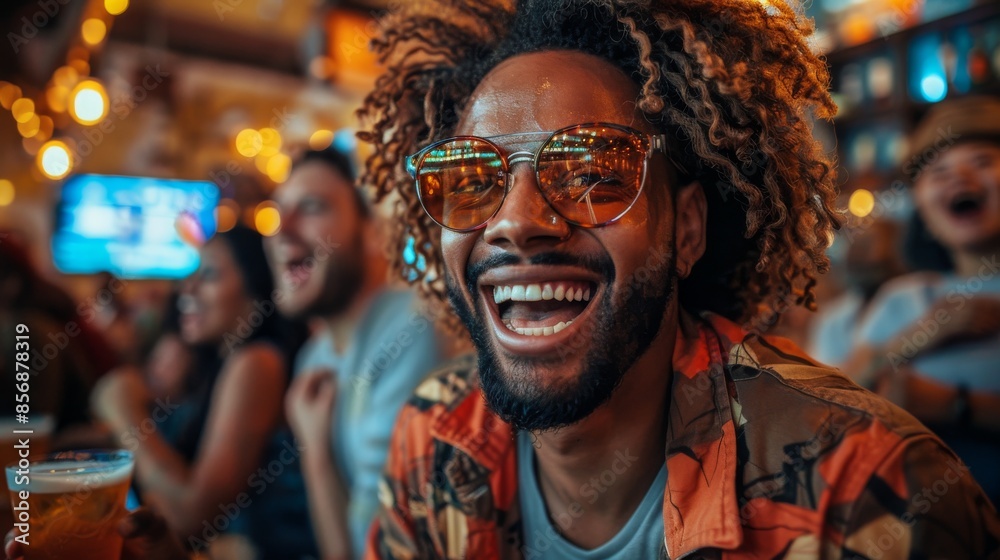 Joyful man with curly hair laughing while holding a beer, surrounded by friends in a bar Joyful man with curly hair laughing while holding a beer, surrounded by friends in a bar