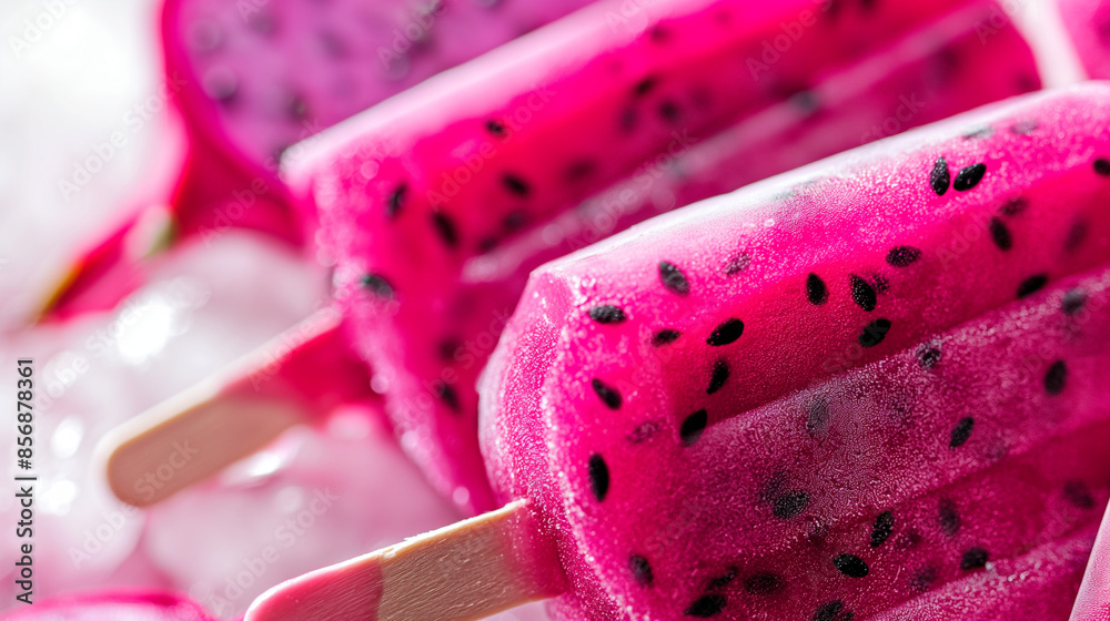 Exotic dragon fruit ice pop, a closeup image of an exotic dragon fruit ice pop, its vivid pink and black seeds standing out against a white background Exotic dragon fruit ice pop, a closeup image of an exotic dragon fruit ice pop, its vivid pink and black seeds standing out against a white background