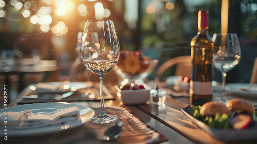 An inviting outdoor dining table set with wine glasses, a bottle of wine, and plates of appetizers, bathed in the warm glow of the setting sun. Perfect for a relaxed evening meal.