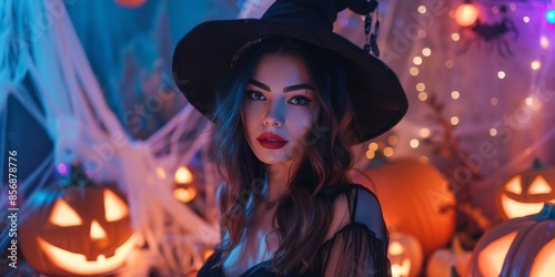 Beautiful young woman in black witch costume, with dark wavy hair and red lipstick, standing amidst glowing pumpkins and Halloween decorations. Background features cobwebs, spiders, and festive lights