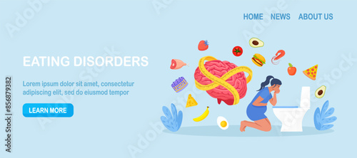 Bulimia nervosa, anorexia disease. Sad unhealthy woman vomiting in toilet. Eating disorders as psychological unhealthy diet illness. Excessive weight control, food limitation. Mental health disorder