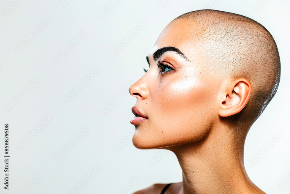 Woman with bald shaved hair isolated on white background Woman with bald shaved hair isolated on white background