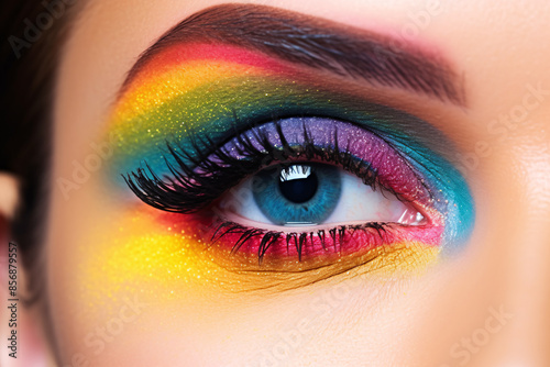 Woman's eye with rainbow colored eye makeup