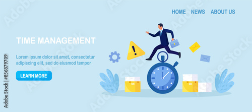 Work time management. Busy businessman is running over watch. Quick response, person rush to do everything on work matters. Time is running out. Deadline, time pressure. Productivity