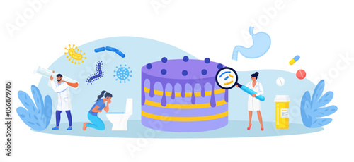 Woman with symptoms of food poisoning is holding a sick stomach. Nausea, intoxication. Inspector doing quality control of food. Food poisoning from poor quality cake. Pathogenic microorganisms