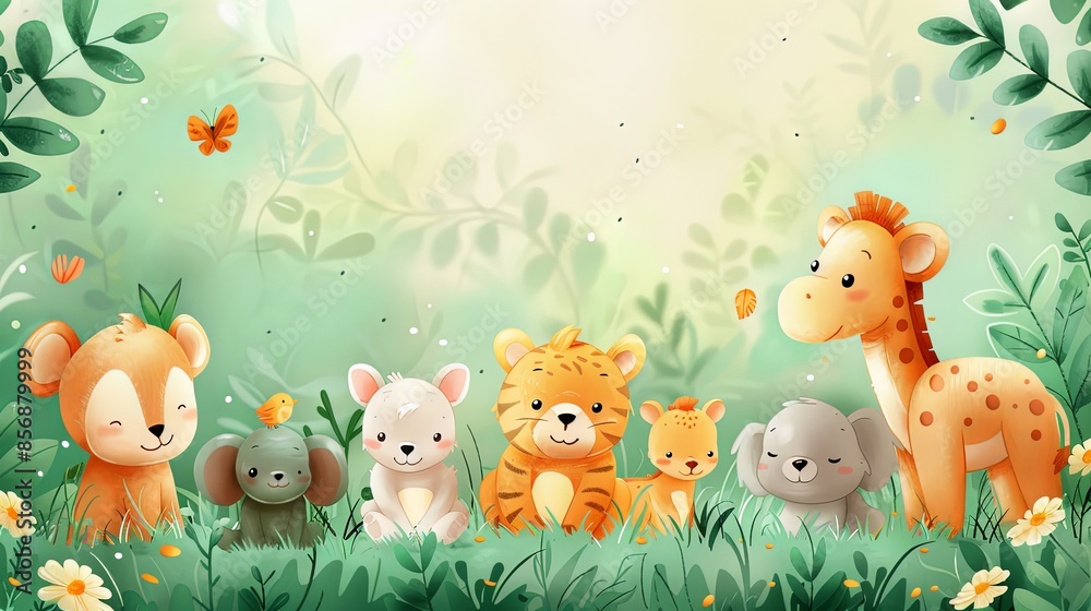 Peaceful scene of giraffe, tiger, and other cute animals in a whimsical meadow with butterflies and soft light Peaceful scene of giraffe, tiger, and other cute animals in a whimsical meadow with butterflies and soft light