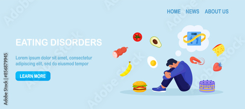 Eating disorders as psychological illness. Excessive weight control, food limitation. Depressed man worrying about his appearance. Addiction to slimming, dieting, mental guilty feeling