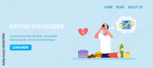Eating disorders as psychological illness. Excessive weight control, food limitation. Depressed man eating fast food. Extreme overeating. Addiction to slimming, dieting and mental guilty feeling