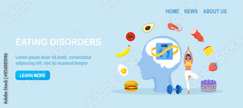 Eating disorders as psychological illness. Excessive weight control, food limitation. Woman worrying about her appearance, doing exercise. Addiction to slimming, dieting and mental guilty feeling