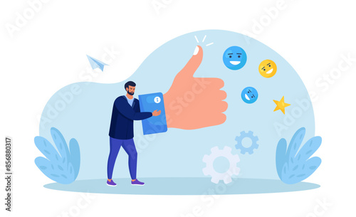 Man holding big thumb up. Customer review rating or evaluation. People give feedback. Client choice. Business satisfaction support. User experience or satisfaction, opinion for product or services
