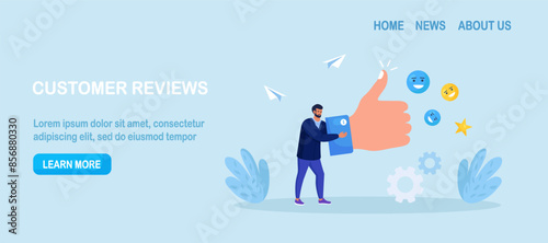 Man holding big thumb up. Customer review rating or evaluation. People give feedback. Client choice. Business satisfaction support. User experience or satisfaction, opinion for product or services