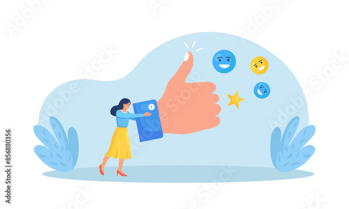 Woman holding big thumb up. Customer review rating or evaluation. People give feedback. Client choice. Business satisfaction support. User experience or satisfaction, opinion for product or services