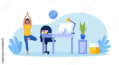 Woman doing side bends, stretching. Employee working from home or office doing sport exercises at workplace to get rest and relaxation. Removing tension and muscle soreness. Fitness workout