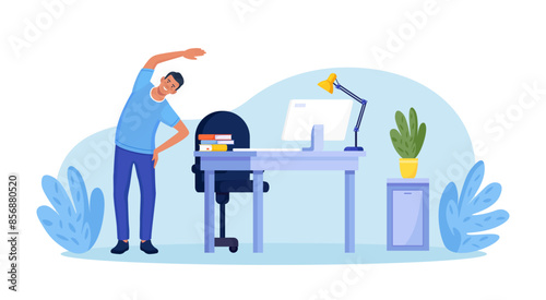 Man doing side bends, stretching. Employee working from home or office doing sport exercises at workplace to get rest and relaxation. Removing tension and muscle soreness. Fitness workout